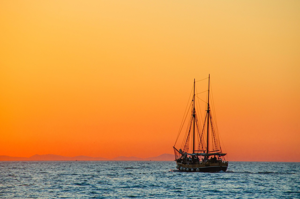 ship, sea, sunset, windjammer, masts, sailing masts, orange sky, seascape, ocean, vessel, dusk, twilight, sailing vessel, boat, mediterranean, sail, nature, sailing, afterglow, morning, sunrise